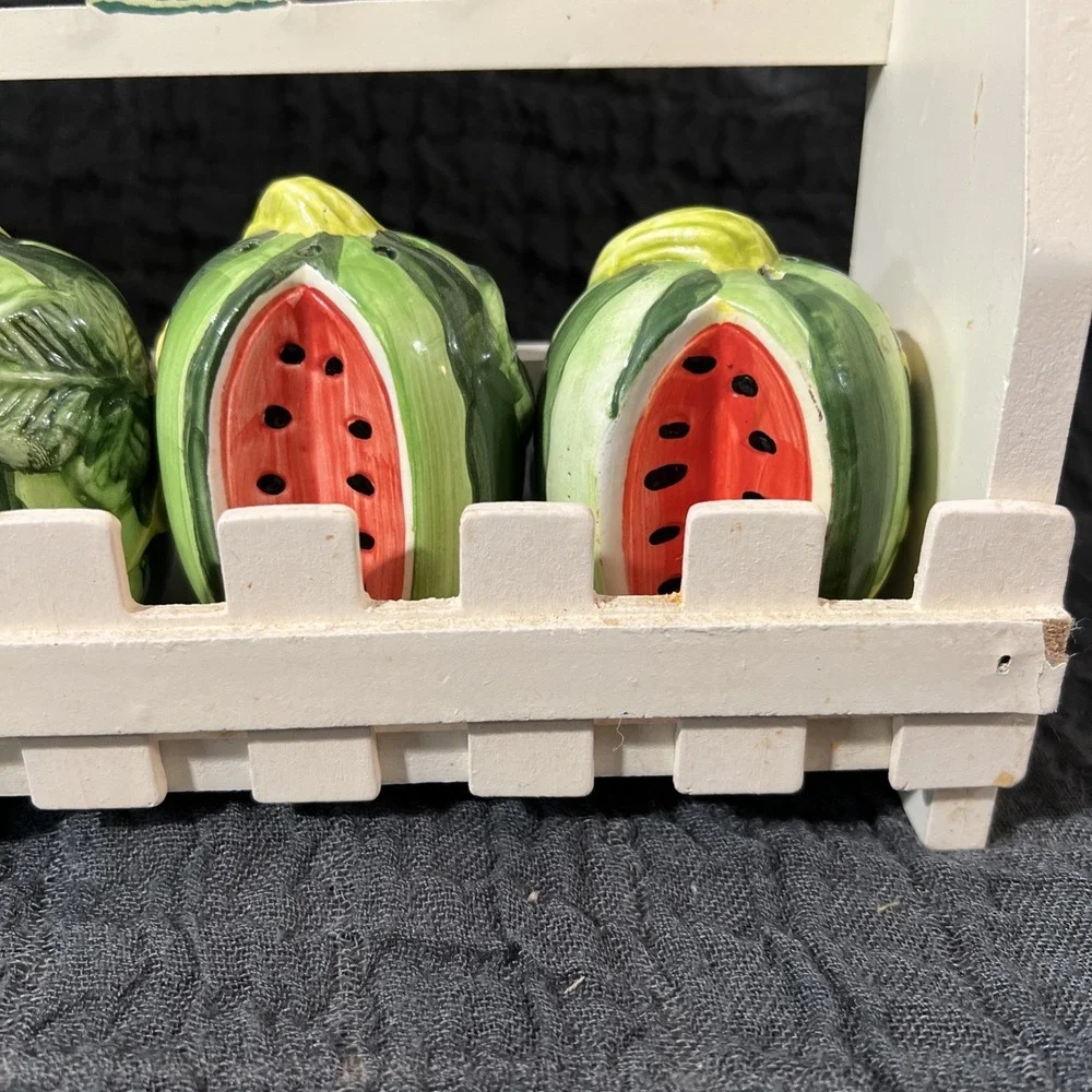 Vintage Wooden Spice Rack with 5 Ceramic Bottles Watermelon‎ Shaped